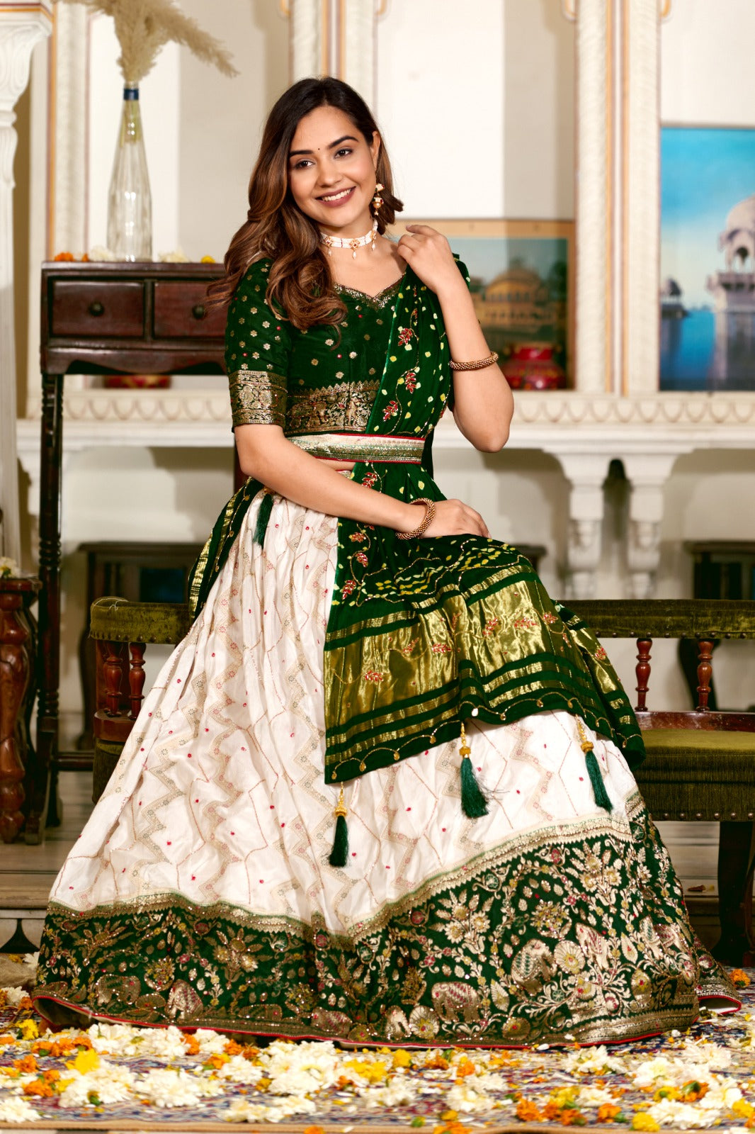 iDress-Navratri Lucknowi work Peach Lehenga choli with gaji silk bandh –  iDressboutique.in