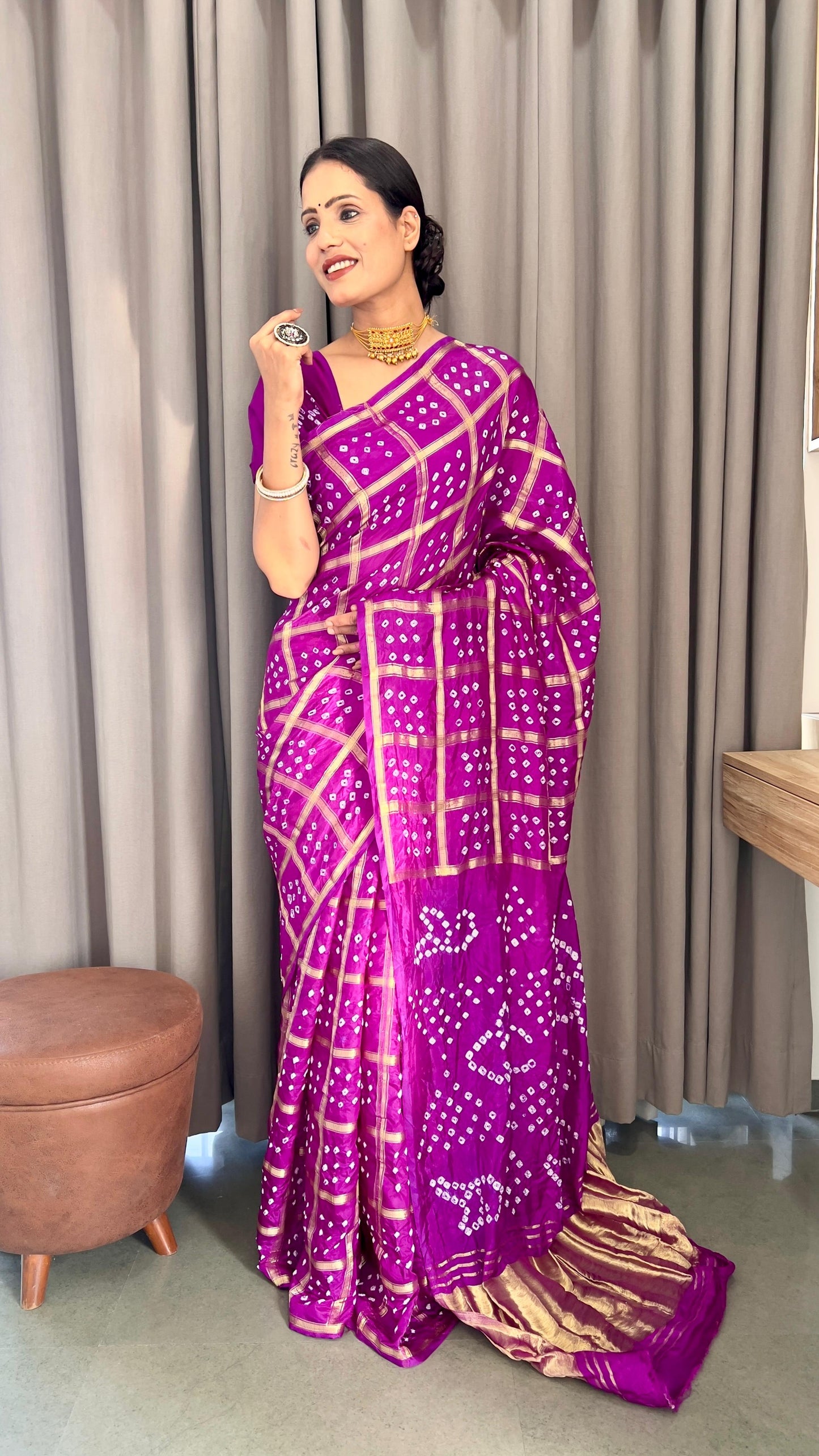 Luxurious Silk Saree with Hand Bandhej Work