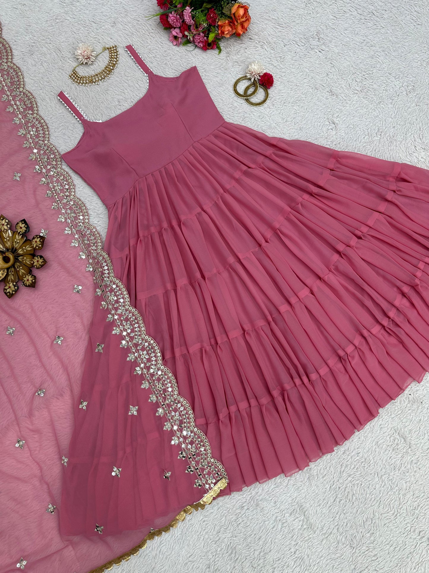 Glamorous Ruffle Style Top with Embroidered Dupatta