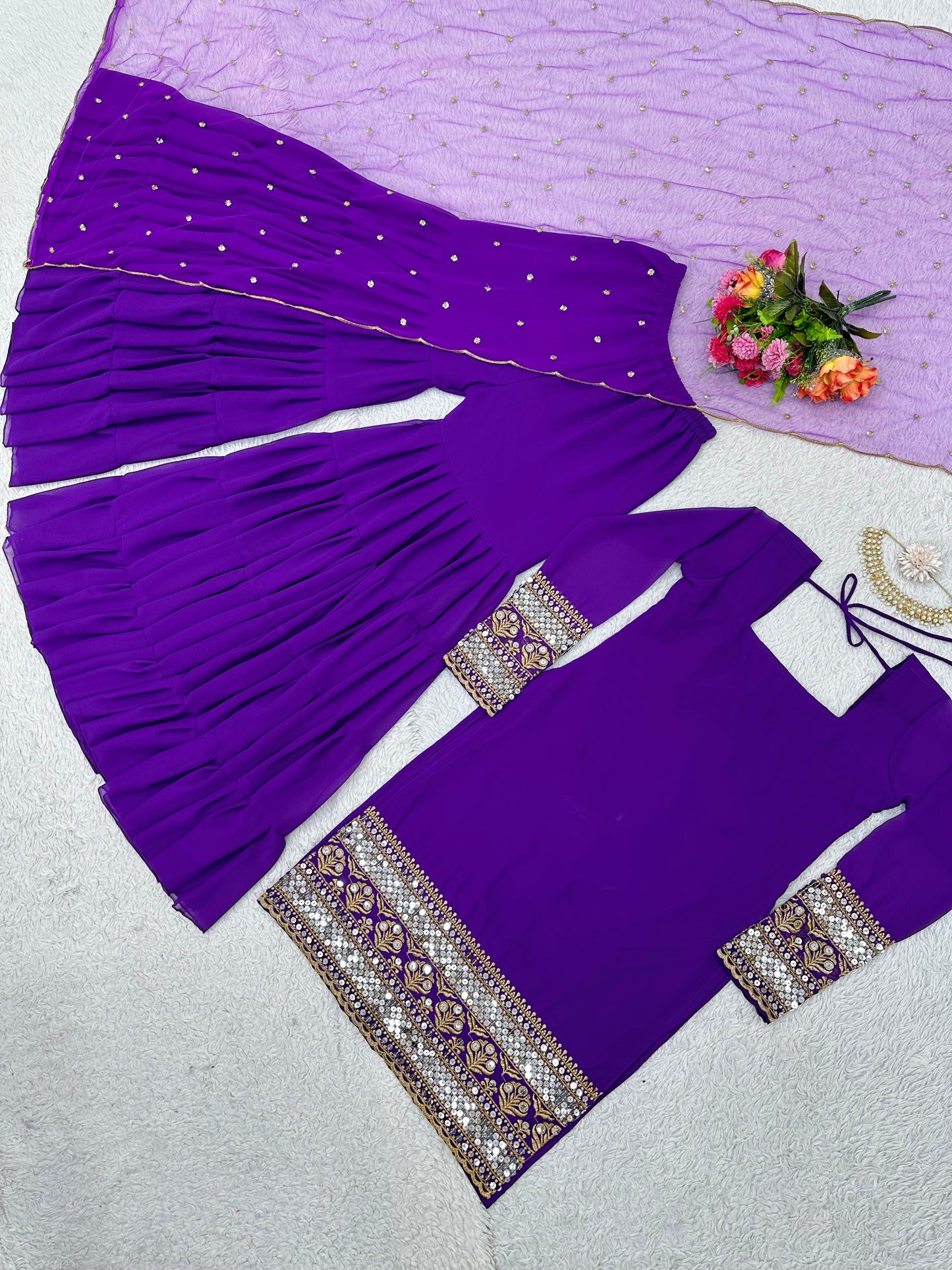 Elegant Faux Georgette Top with Sharara and Soft Net Dupatta