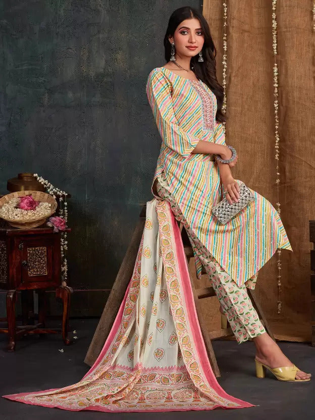 Elegant Cotton Suit Set with Leheriya Print