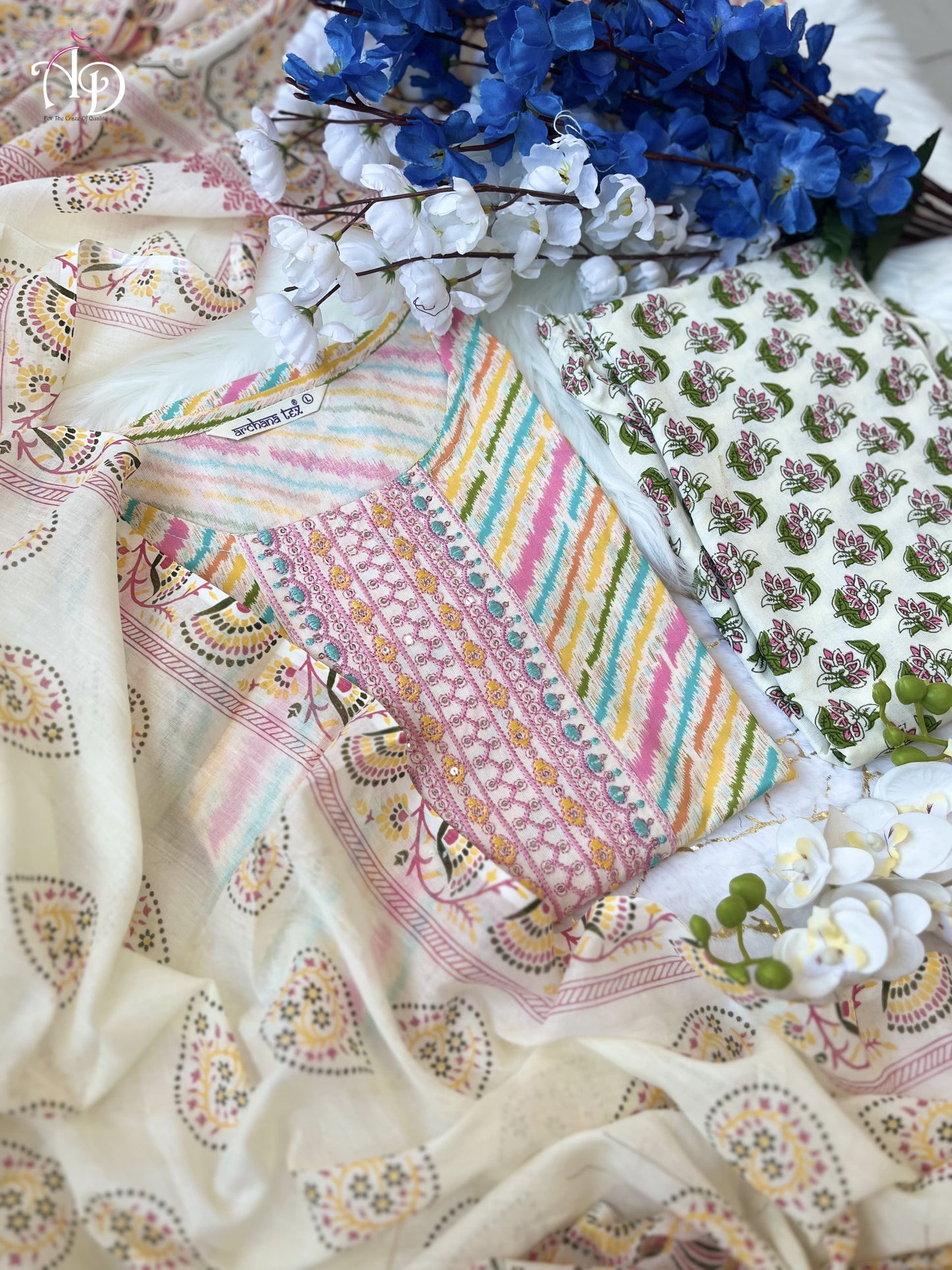 Elegant Cotton Suit Set with Leheriya Print