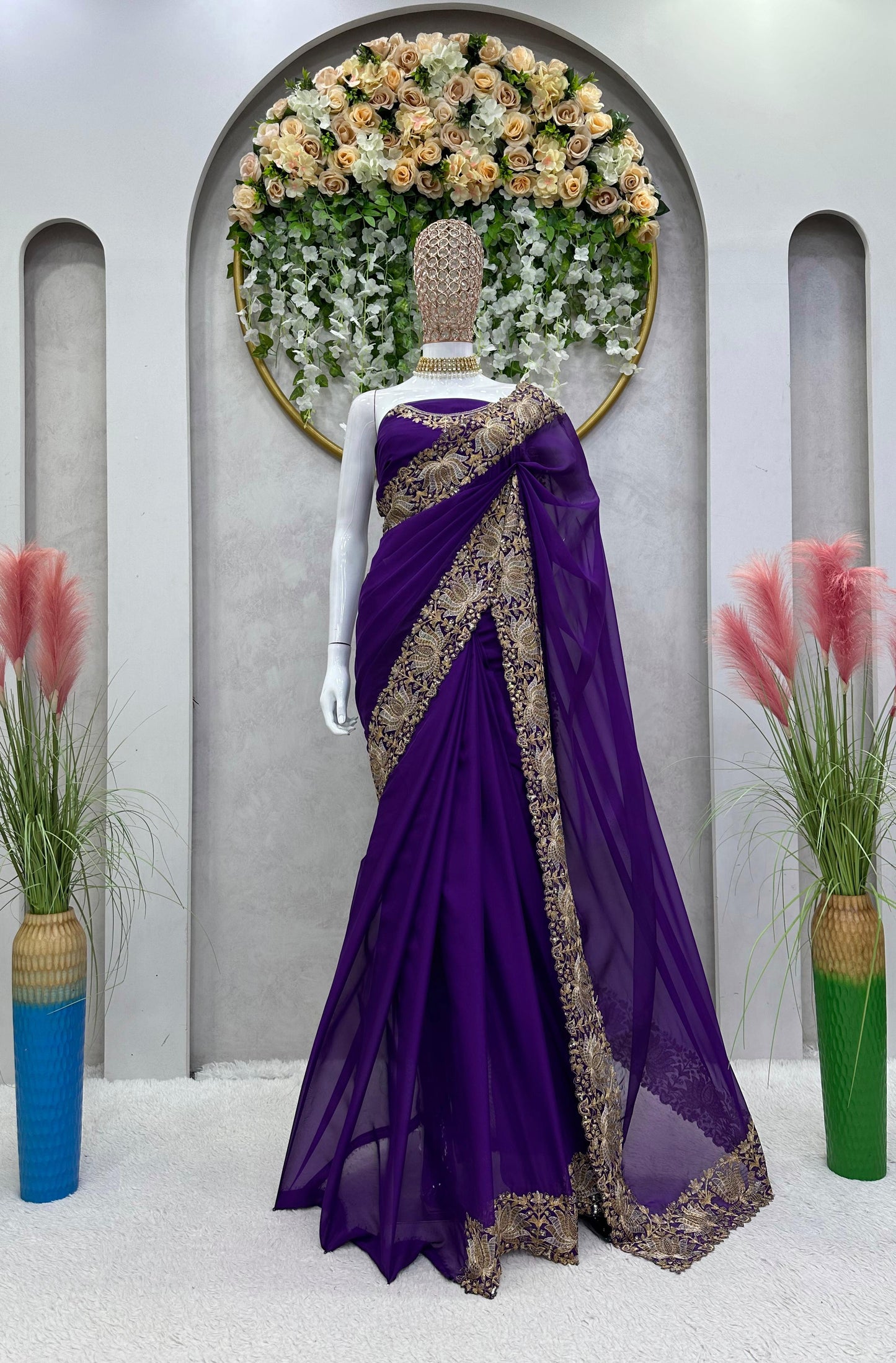 Stunning Georgette Saree Ensemble with Intricate Blouse Designs