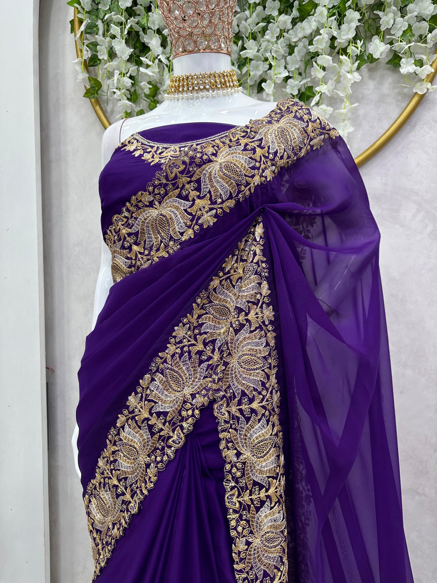 Stunning Georgette Saree Ensemble with Intricate Blouse Designs