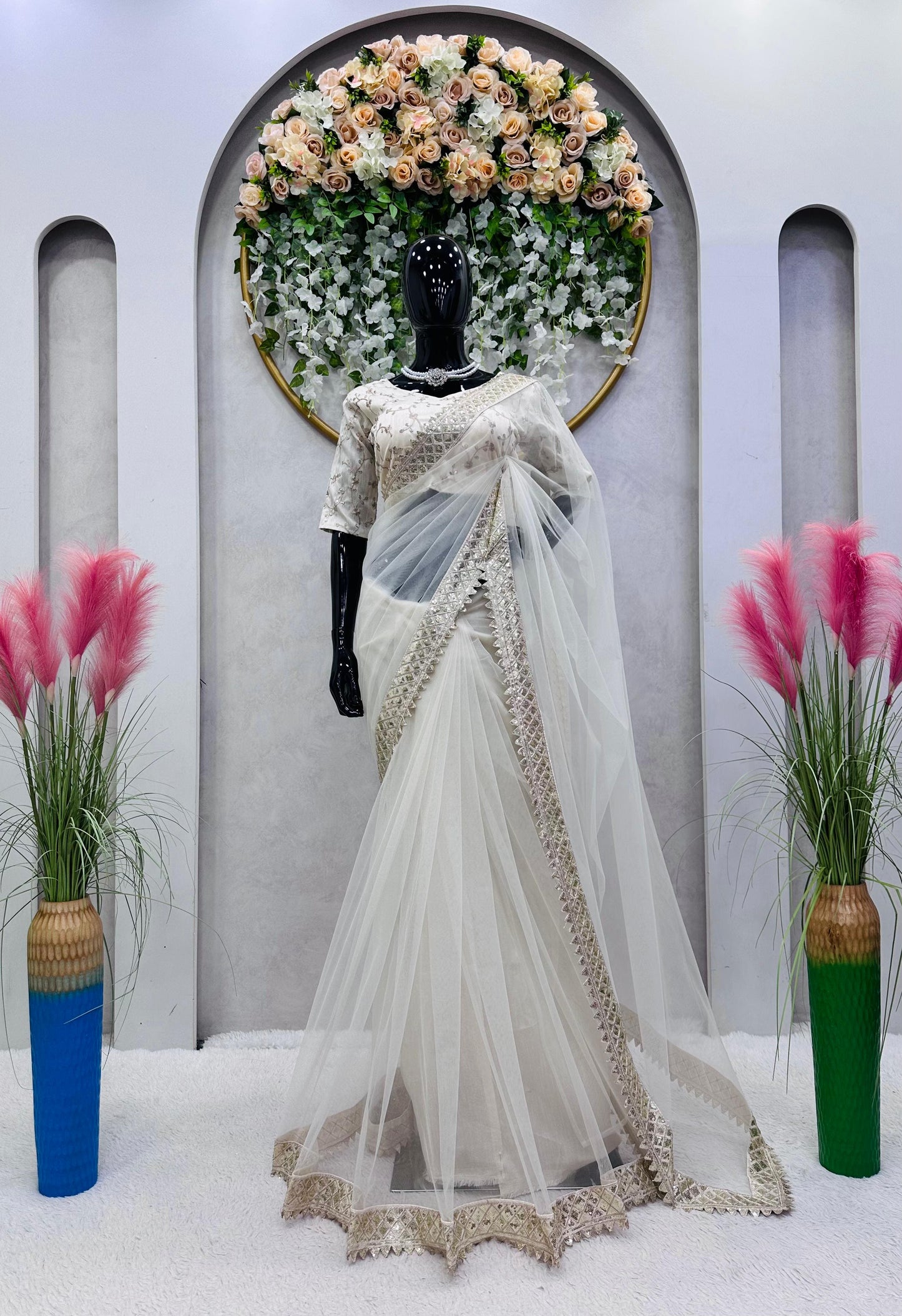 Elegant Organza Saree with Ajrakh Print & Sequin Work