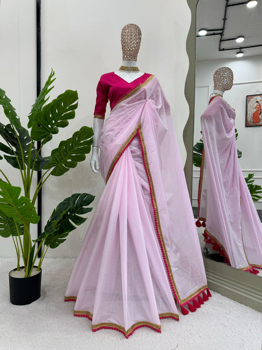 Elegant Mul Cotton Saree with Benglori Silk Blouse & Latkan Pallu