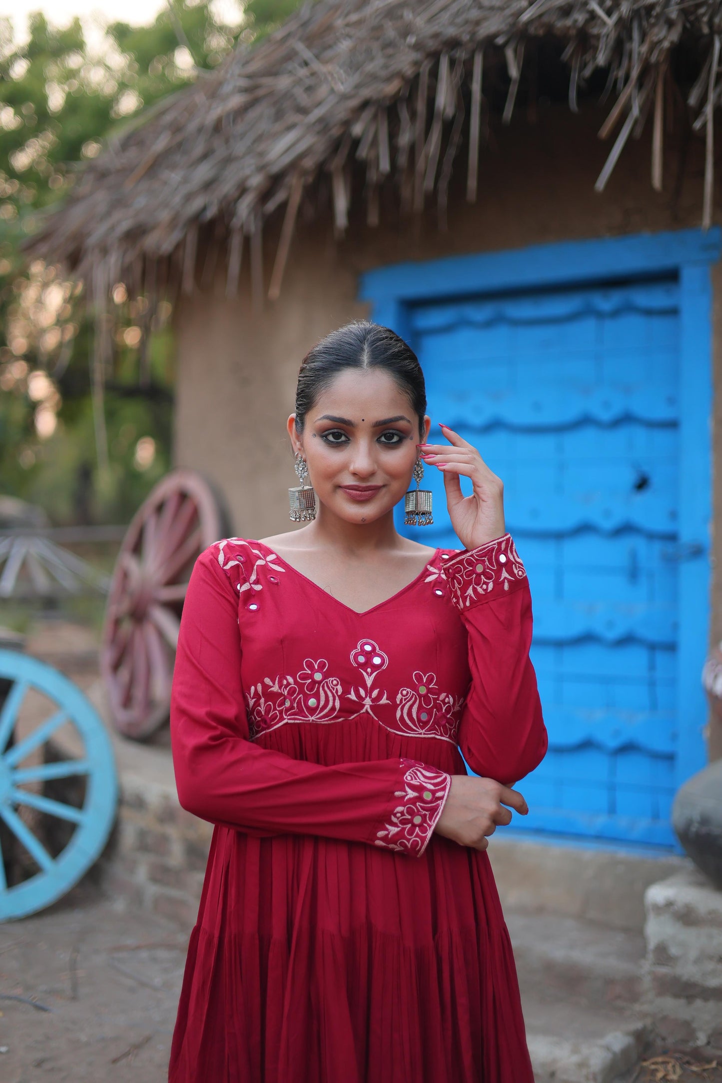 Luxury Maroon Gown with Real Mirror Work