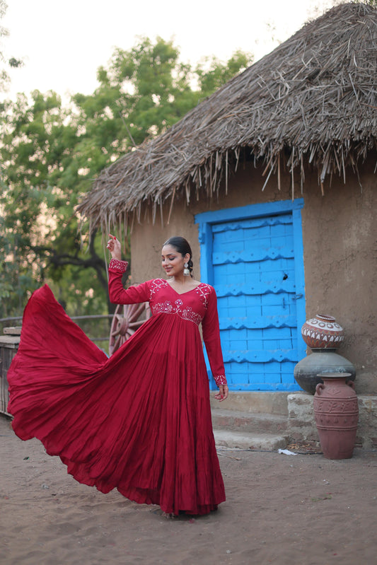 Luxury Maroon Gown with Real Mirror Work