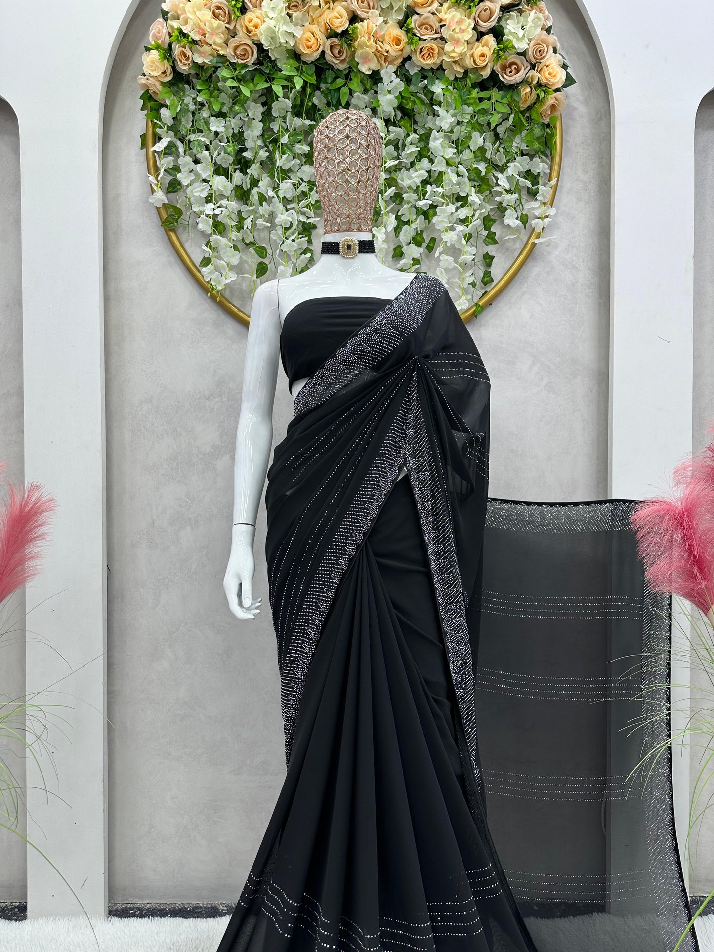 Faux Georgette Saree with Hot Fix Work