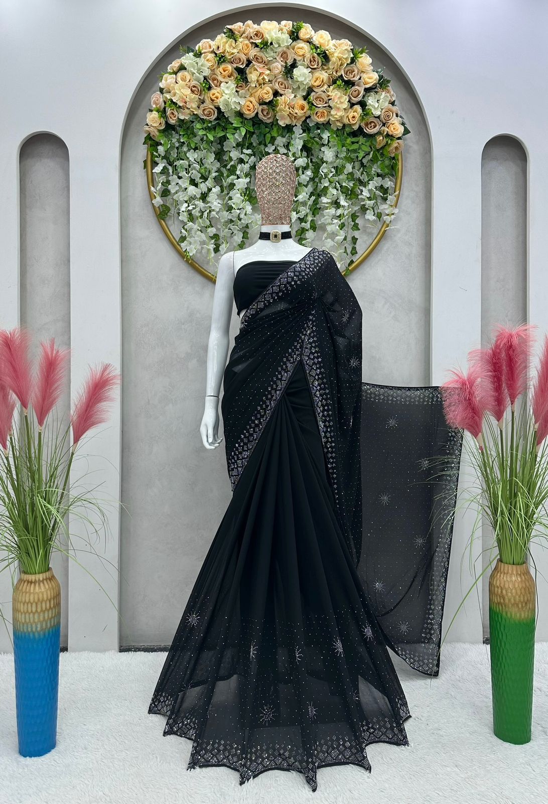 Faux Georgette Saree with Hot Fix Work