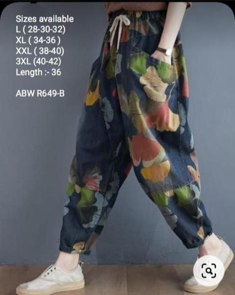 blue  Hippie Style Floral Denim Harem Pants