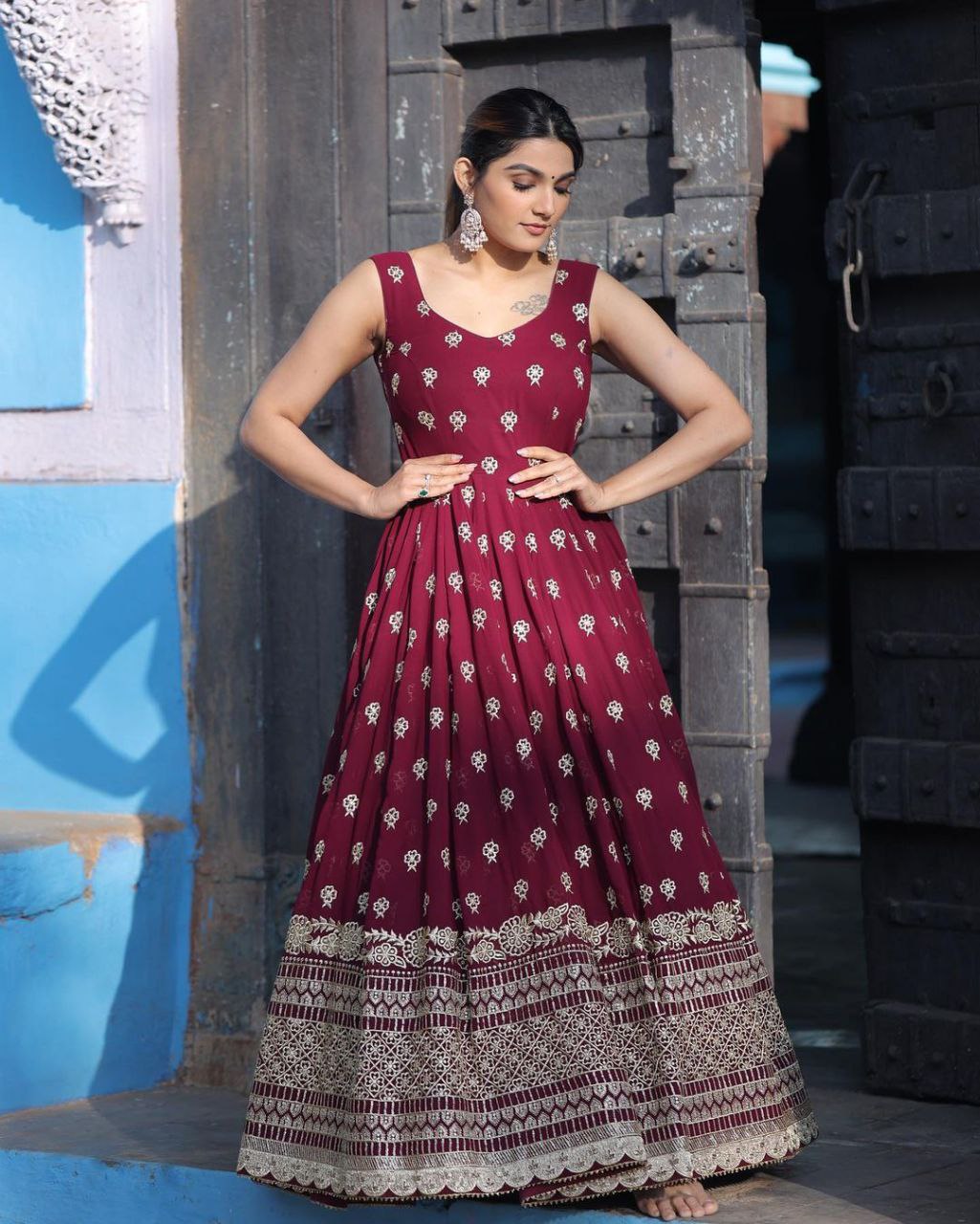 Indian Beautiful Maroon georgette anarkali gown with Pant and Dupatta, Beautiful Indian Ethnic 3 piece Dress Set Readymade gown