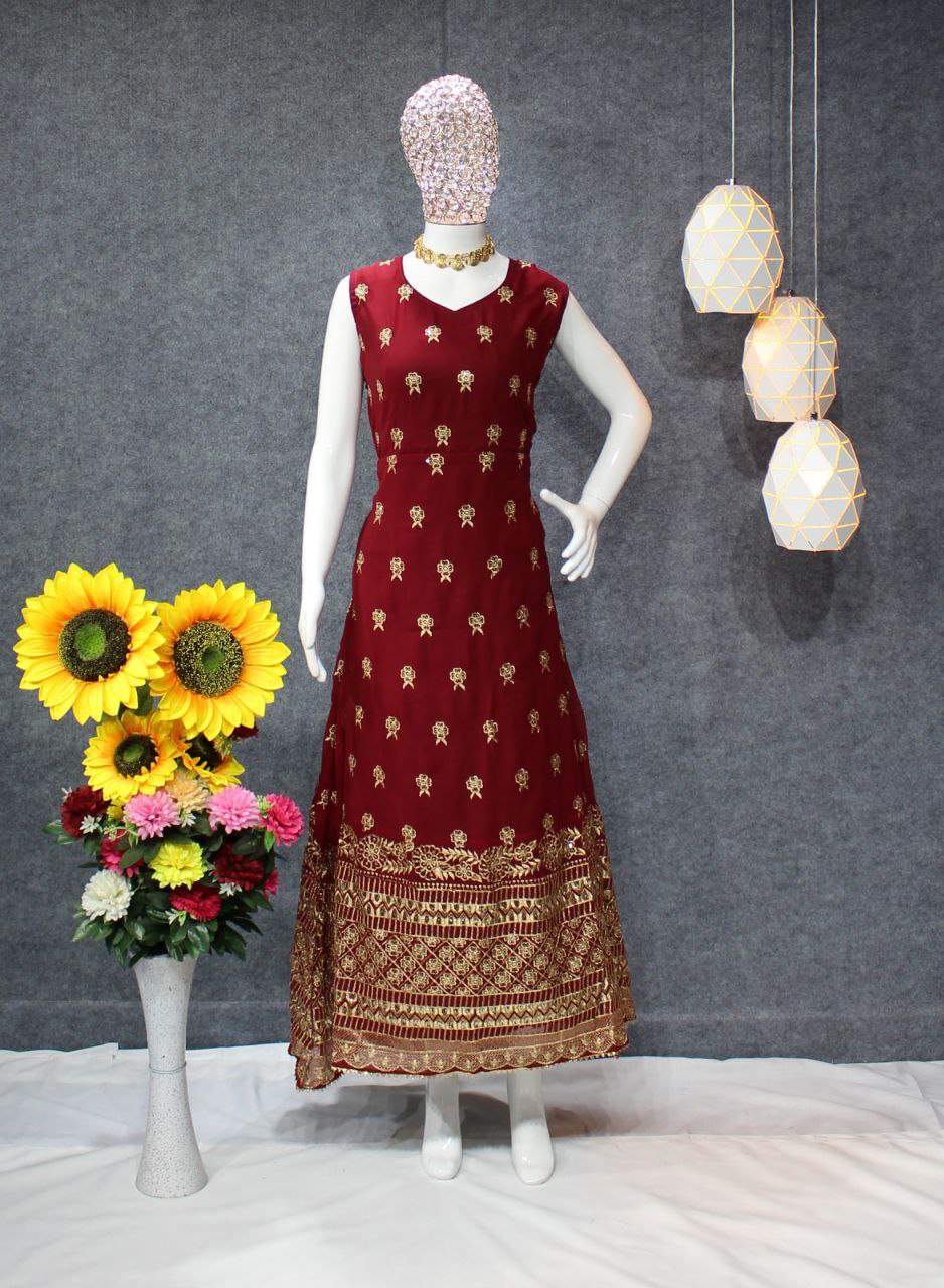 Indian Beautiful Maroon georgette anarkali gown with Pant and Dupatta, Beautiful Indian Ethnic 3 piece Dress Set Readymade gown