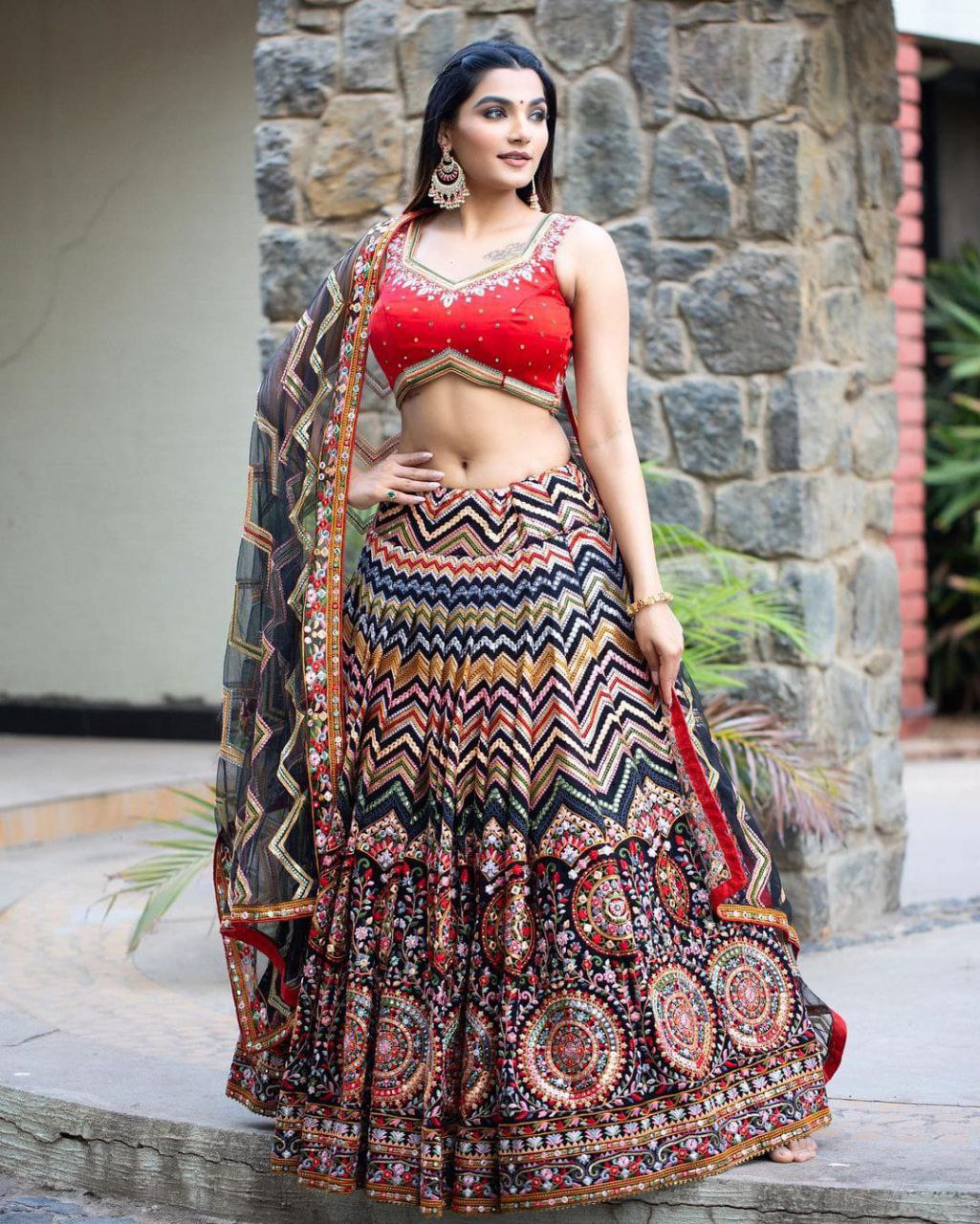 Chevron/Zig Zag Semi Stitched Lehenga Choli  (Multicolor)