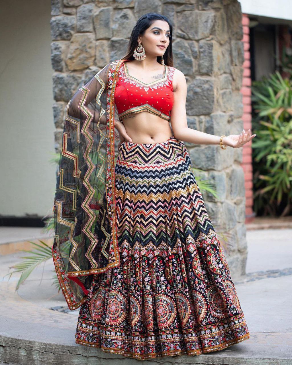 Chevron/Zig Zag Semi Stitched Lehenga Choli  (Multicolor)