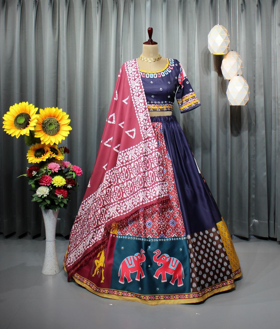 Navy Blue Cotton Festival Wear Digital Printed Lehenga Choli