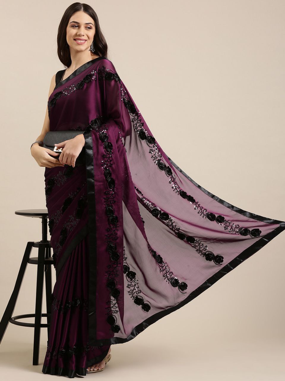 Georgette Embroidery Saree In Wine And Black Colour - SR5415027