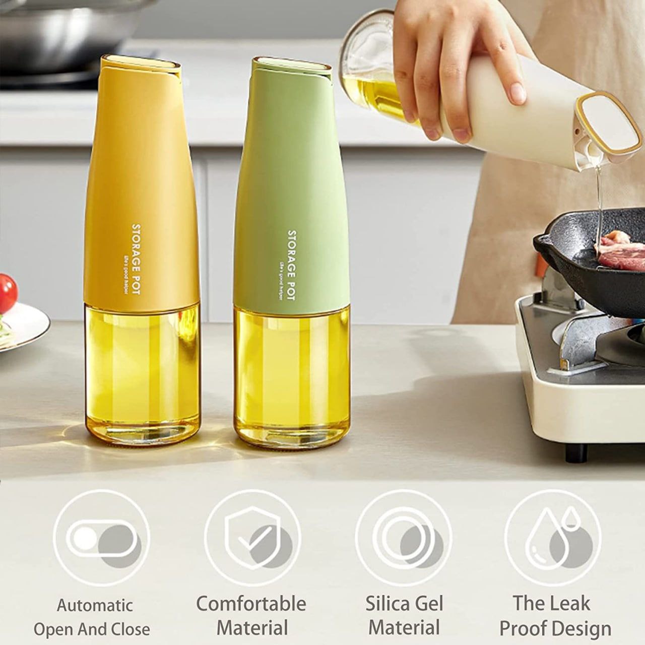 Olive Oil Dispenser Bottle, Oil & Vinegar Dispenser Glass Bottle with Gravity Automatic Opening and Closing Bottle, Drip Free Spout Oil Dispenser Bottle for Kitchen