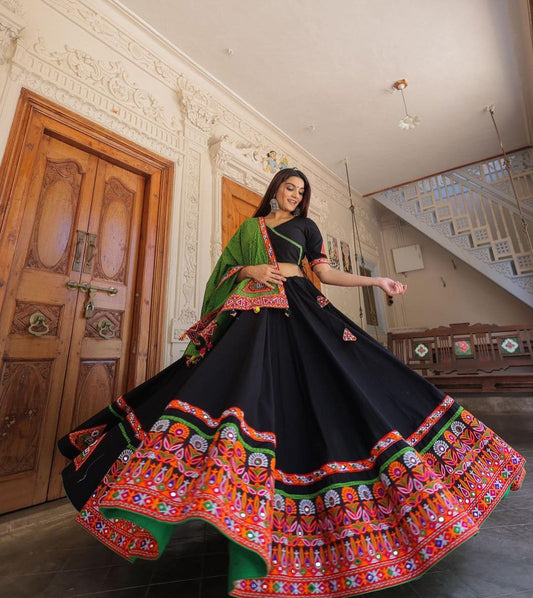 Women Embroidered Flared Black Skirt   Lehenga Choli and Dupatta