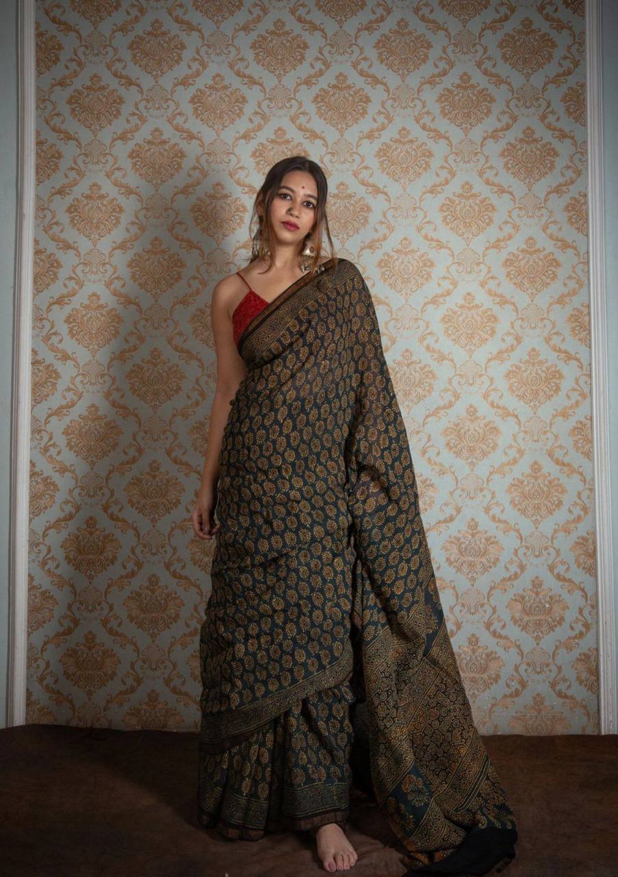 Dilkash Jaal Block Printed Chanderi Saree with Blouse – Mahee Jaipur