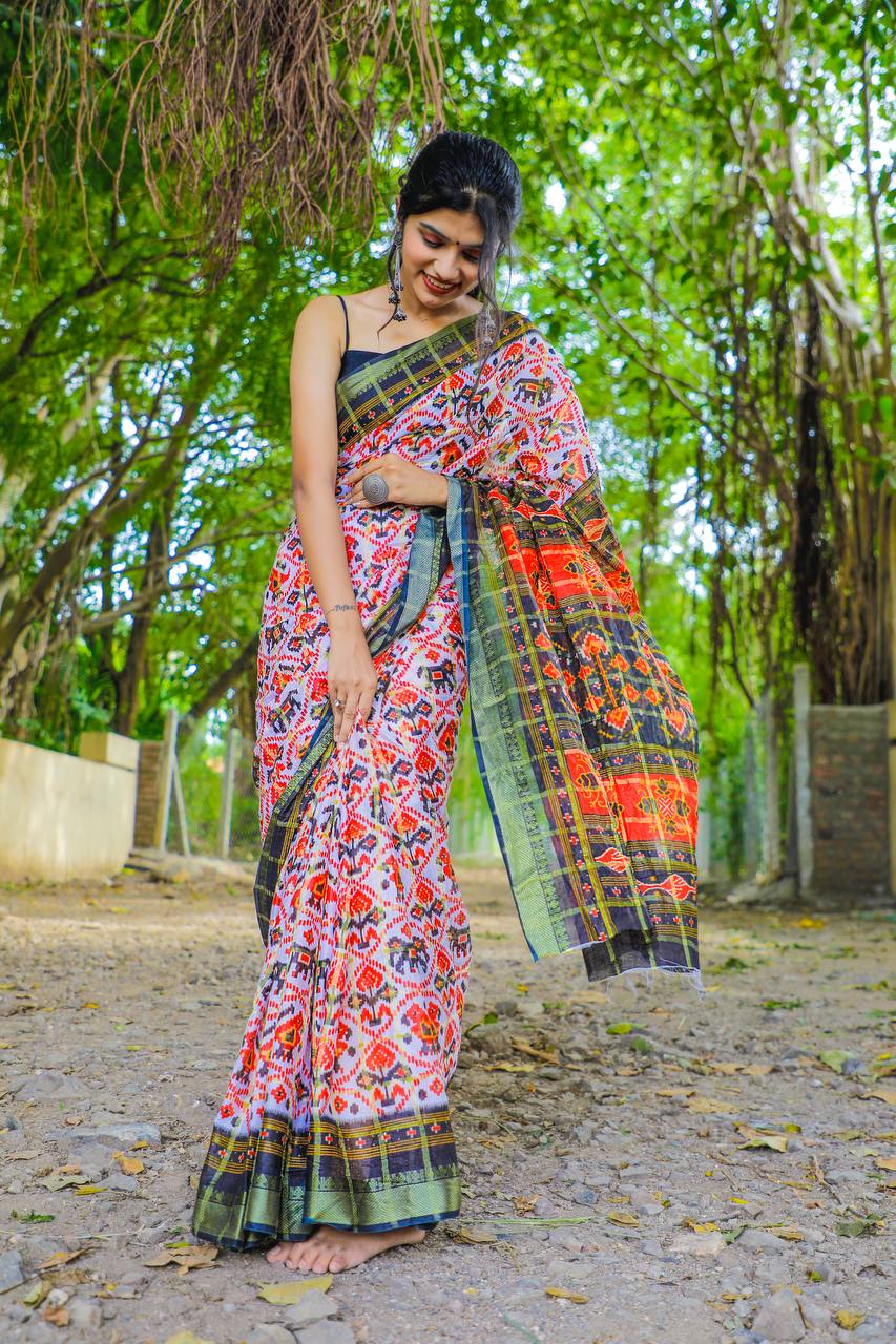 Traditional Chevron Design Saree with Patola Printed Border and...