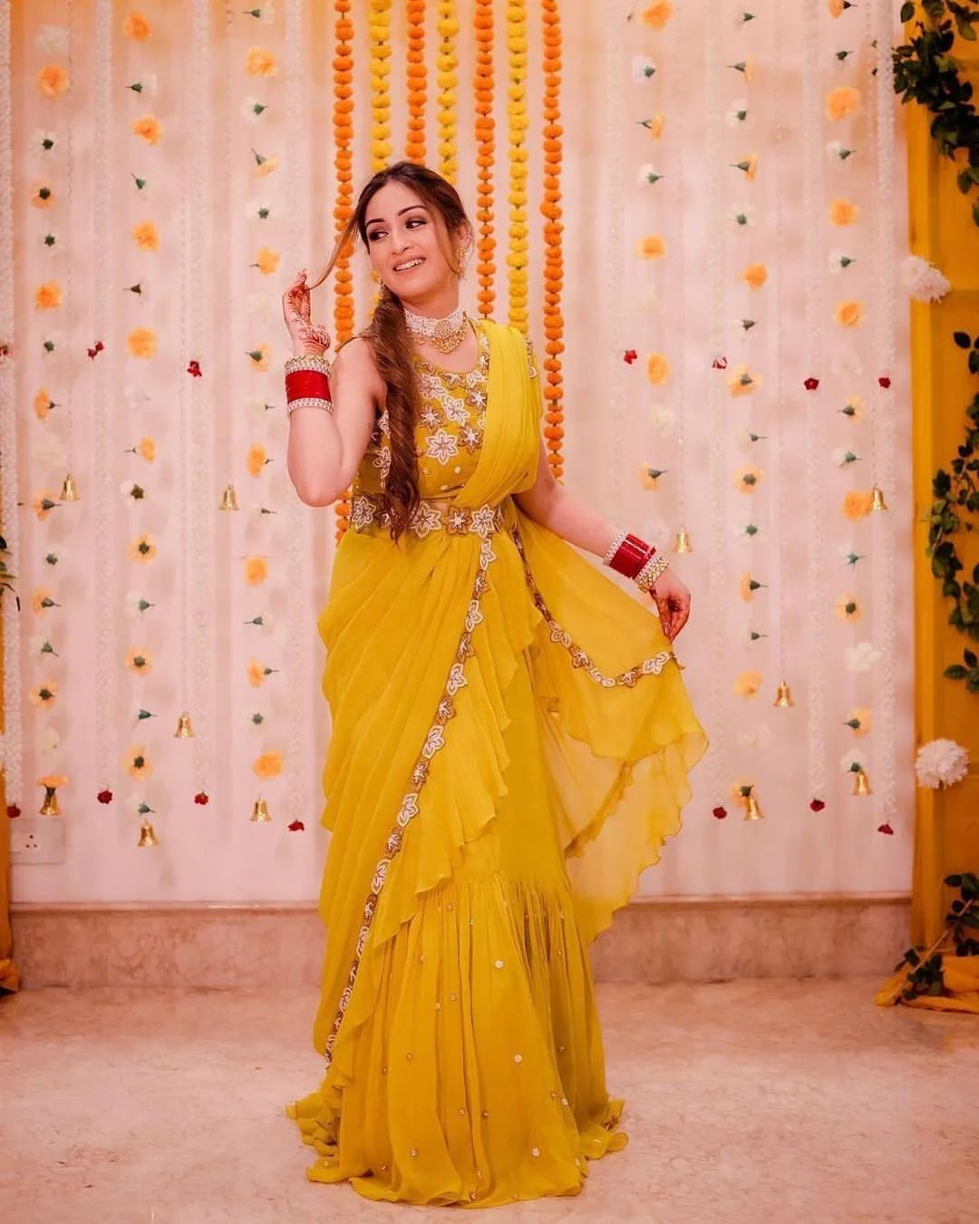 Lilies on Haldi Yellow organza saree with Sequins – Picchika