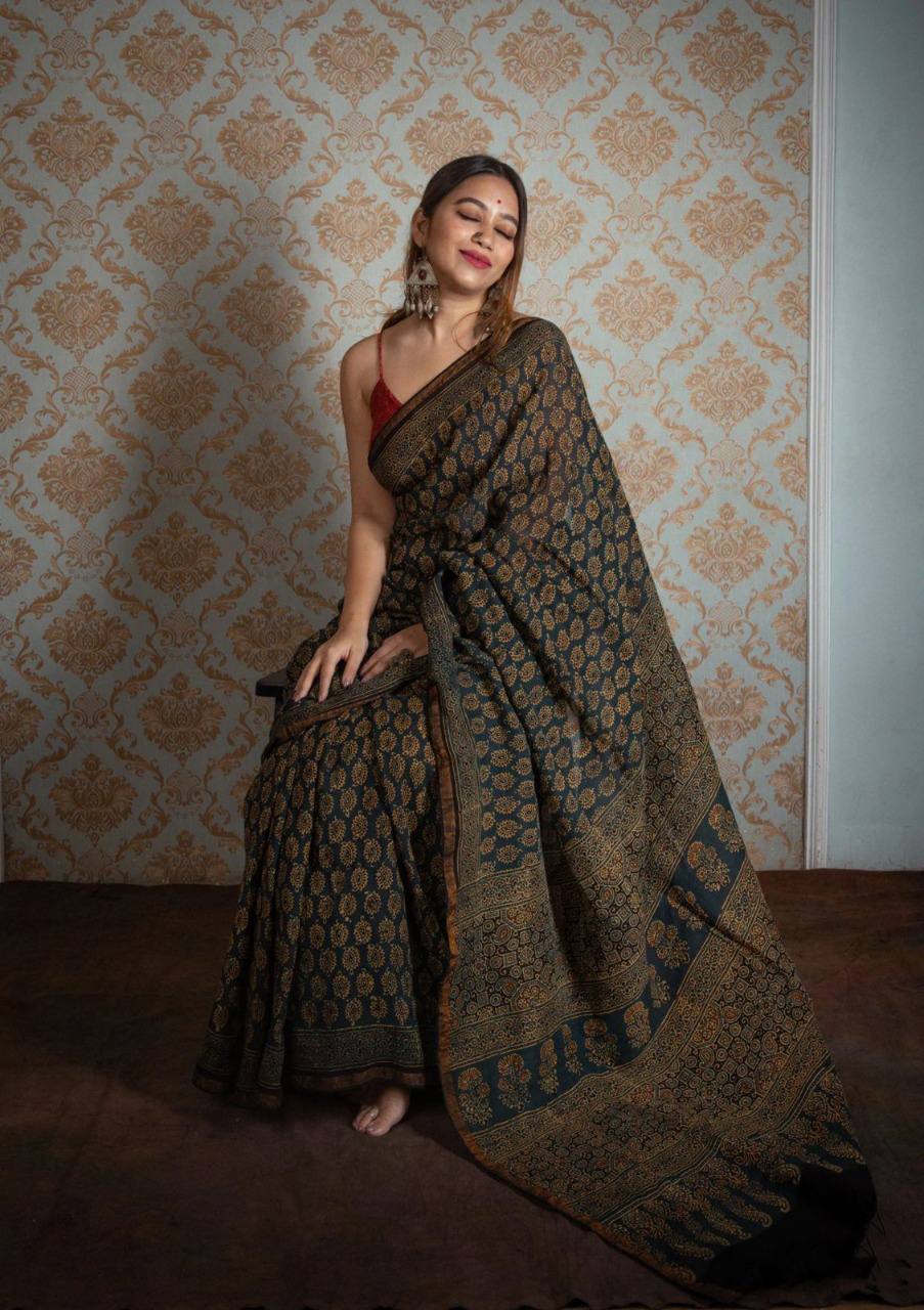 Soft MulMul Cotton with Ikkat Jaipur Block Printed Sarees 20847N – Griiham