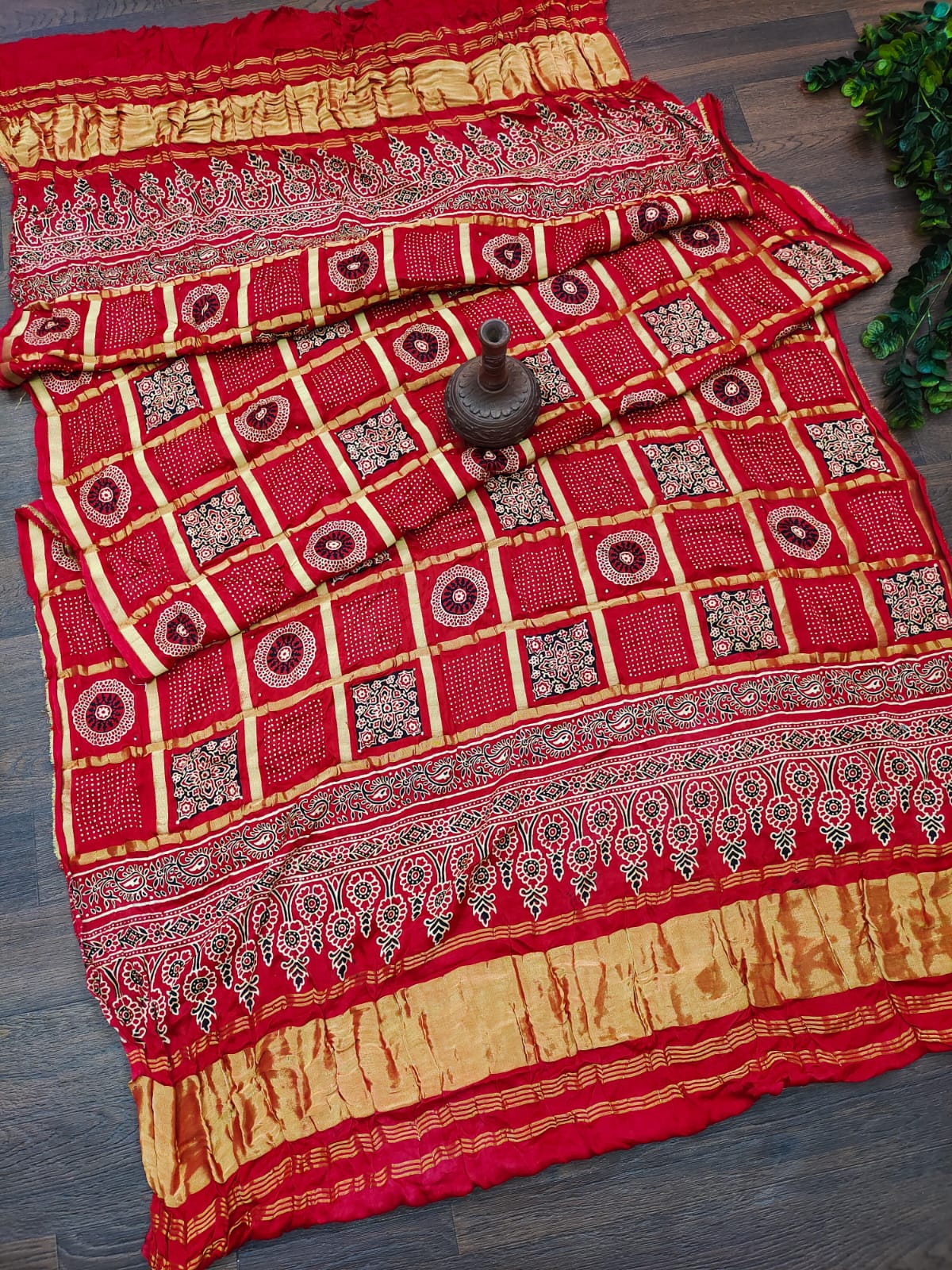 Modal Gajji silk Material with Original hand block Ajrakh Print Dupatta - Dharti Bandhani