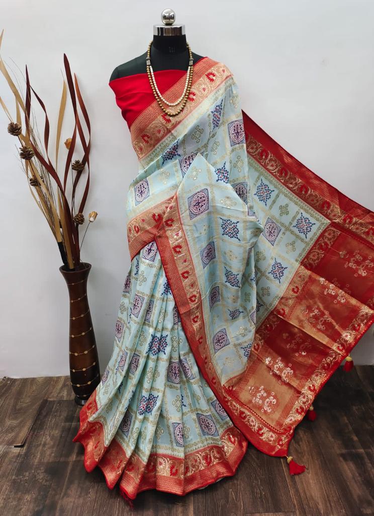 Ajrakh Print Dola Designer Saree - Dharti Bandhani