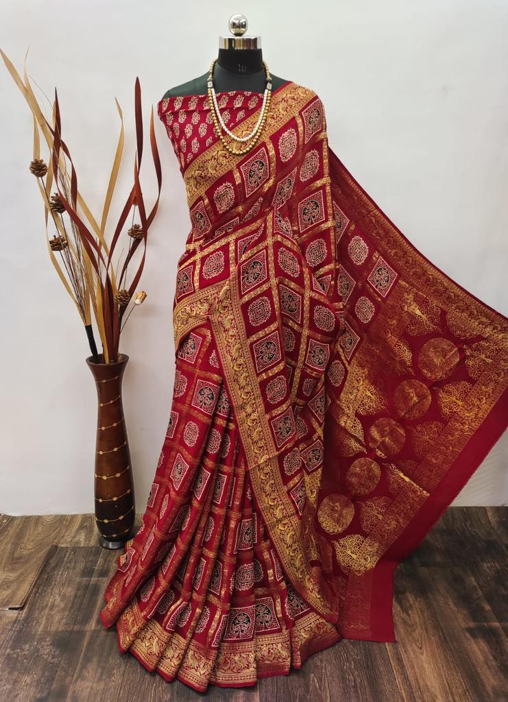 Ajrakh Print Rich Pallu Designer Saree - Dharti Bandhani