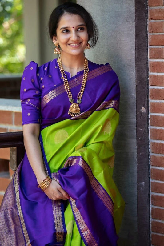 Designer Green Woven Banarasi Silk Saree With Blue Blouse