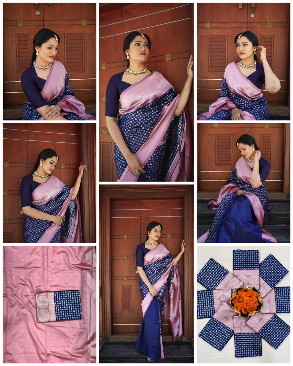 Navy Blue Soft Bnarasi Silk Woven Saree With Blue Blouse