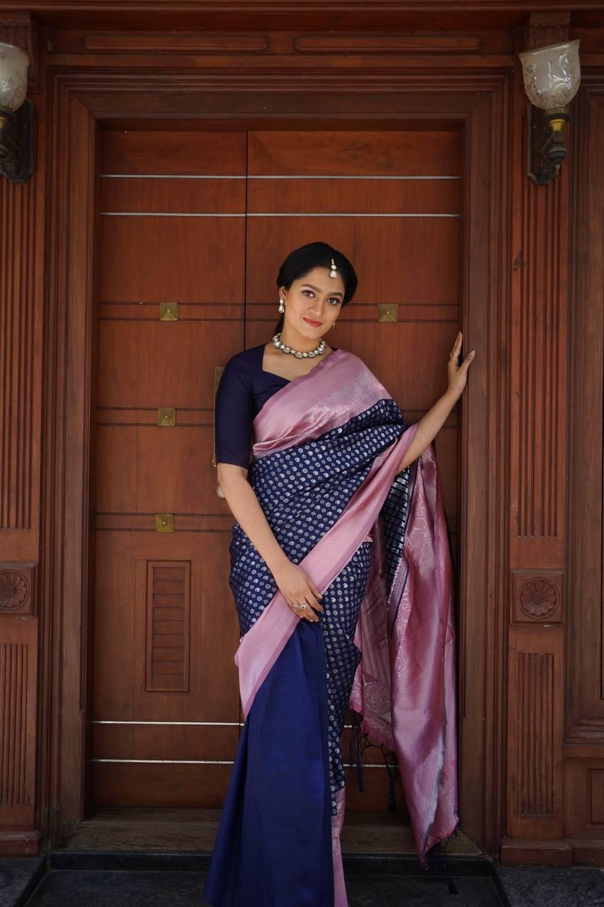 Navy Blue Soft Bnarasi Silk Woven Saree With Blue Blouse