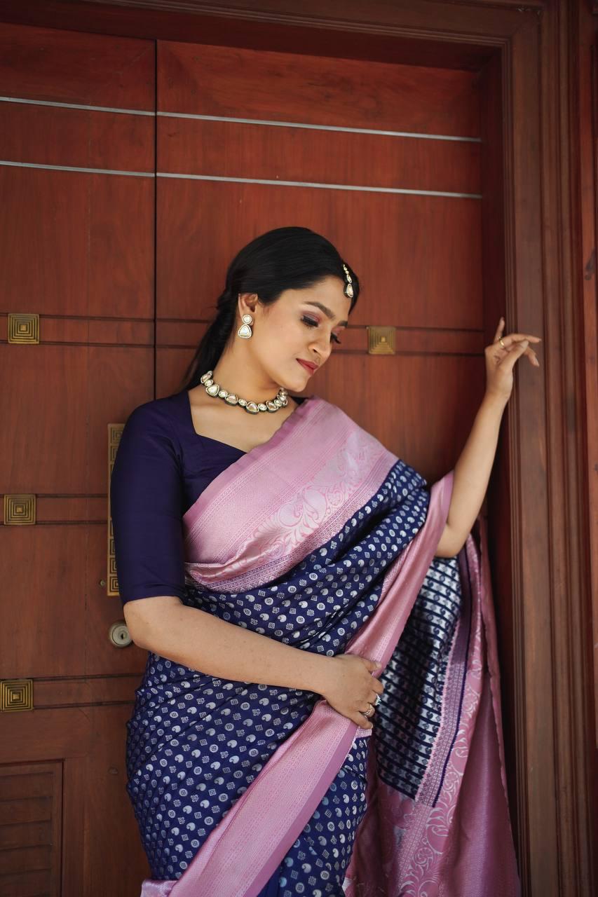 Navy Blue And Pink Banarasi Silk Saree With Zari Weaving Work – Bahuji -  Online Fashion & Lifestyle Store