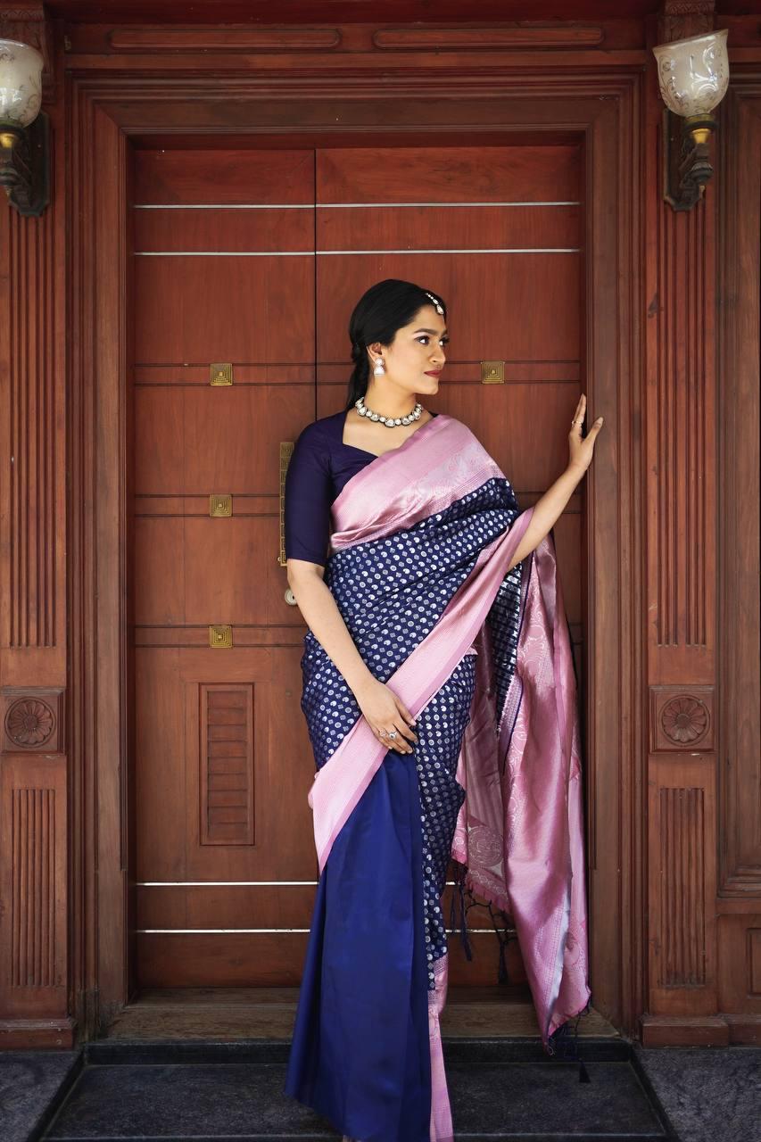 Navy Blue Soft Bnarasi Silk Woven Saree With Blue Blouse