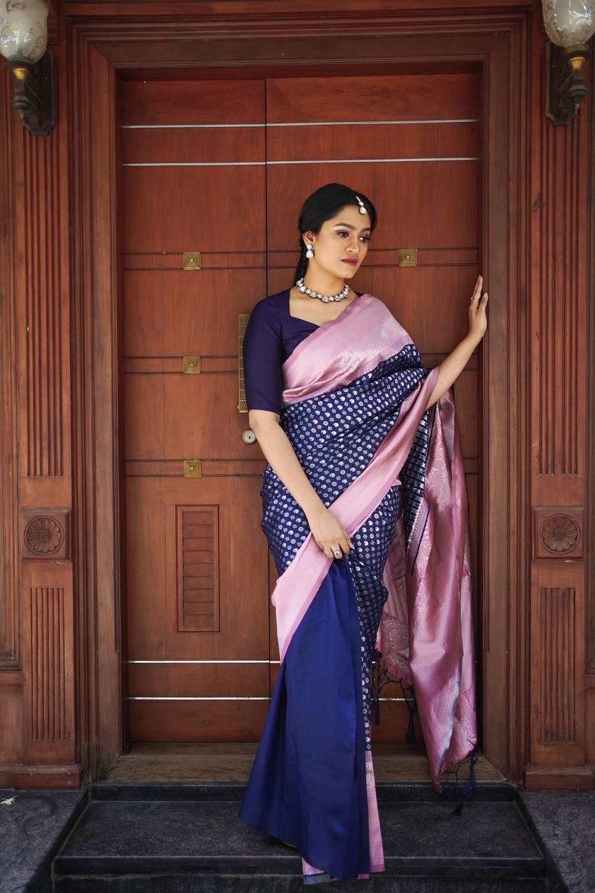 NAVY BLUE WOVEN TRADITIONAL PURE BRASSO CHIFFON PAITHANI SAREE WITH EM –  zarikaariindia.com