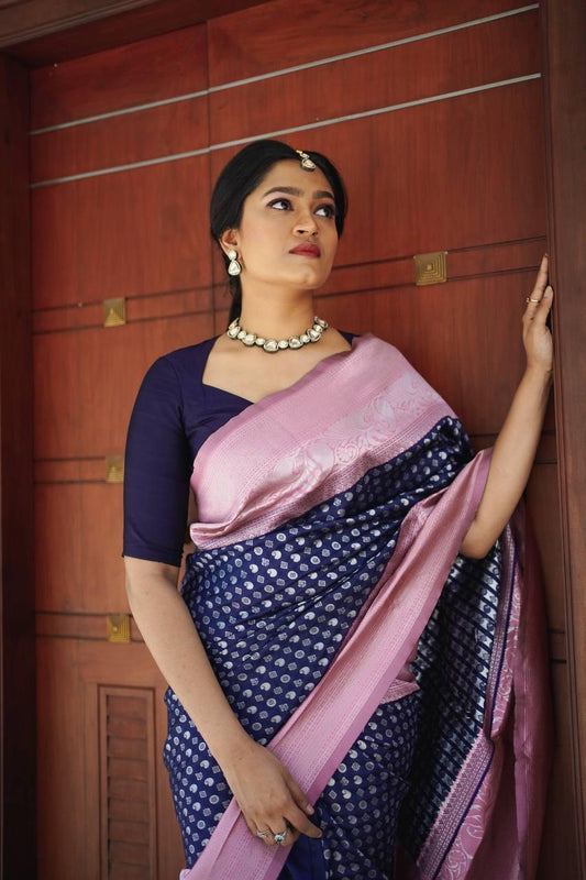 Navy Blue Soft Bnarasi Silk Woven Saree With Blue Blouse