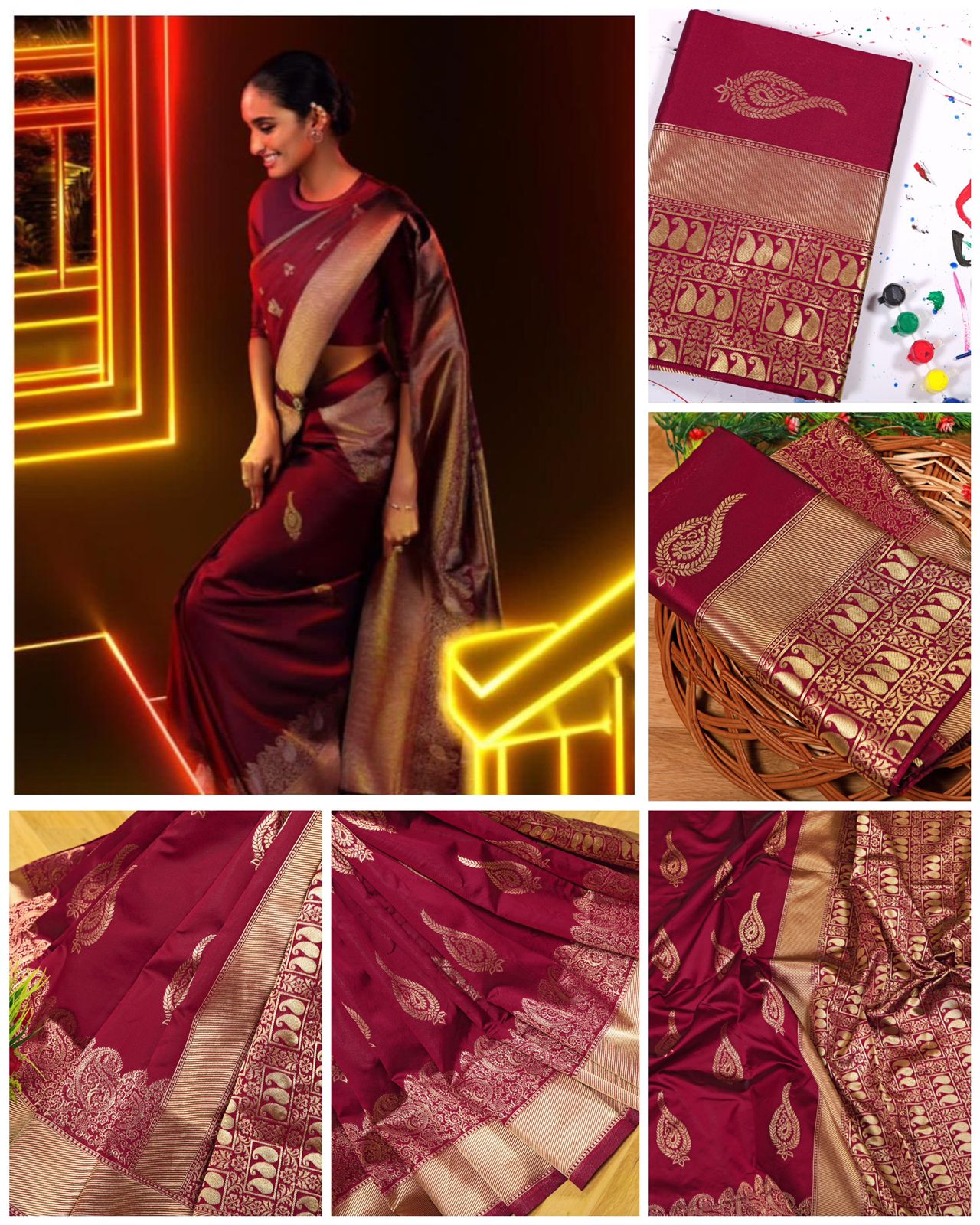 Maroon Bnarasi Silk Woven Saree With Blouse