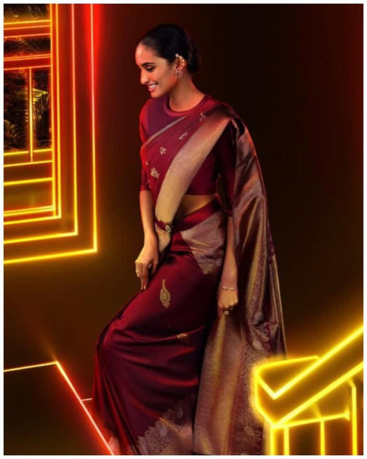 Maroon Bnarasi Silk Woven Saree With Blouse