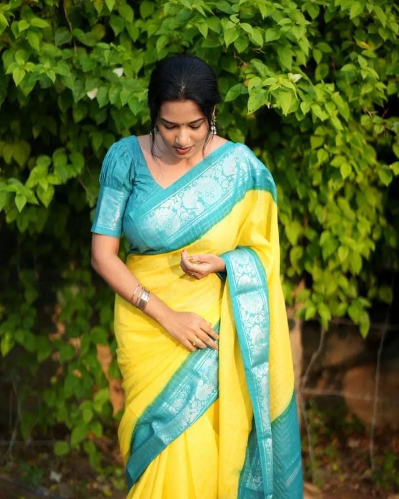 Yellow Bridal Woven Banarasi Silk Saree With Rama Green Blouse