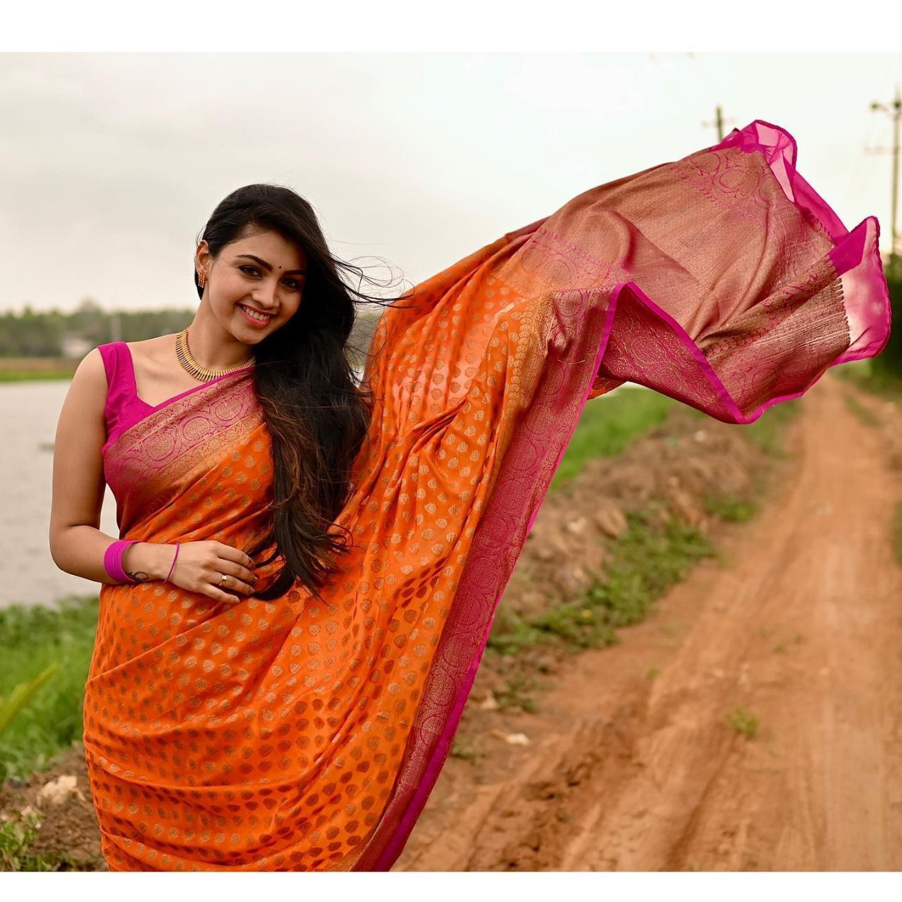 Designer Orange Banarasi Silk Saree With Blouse