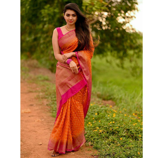 Designer Orange Banarasi Silk Saree With Blouse