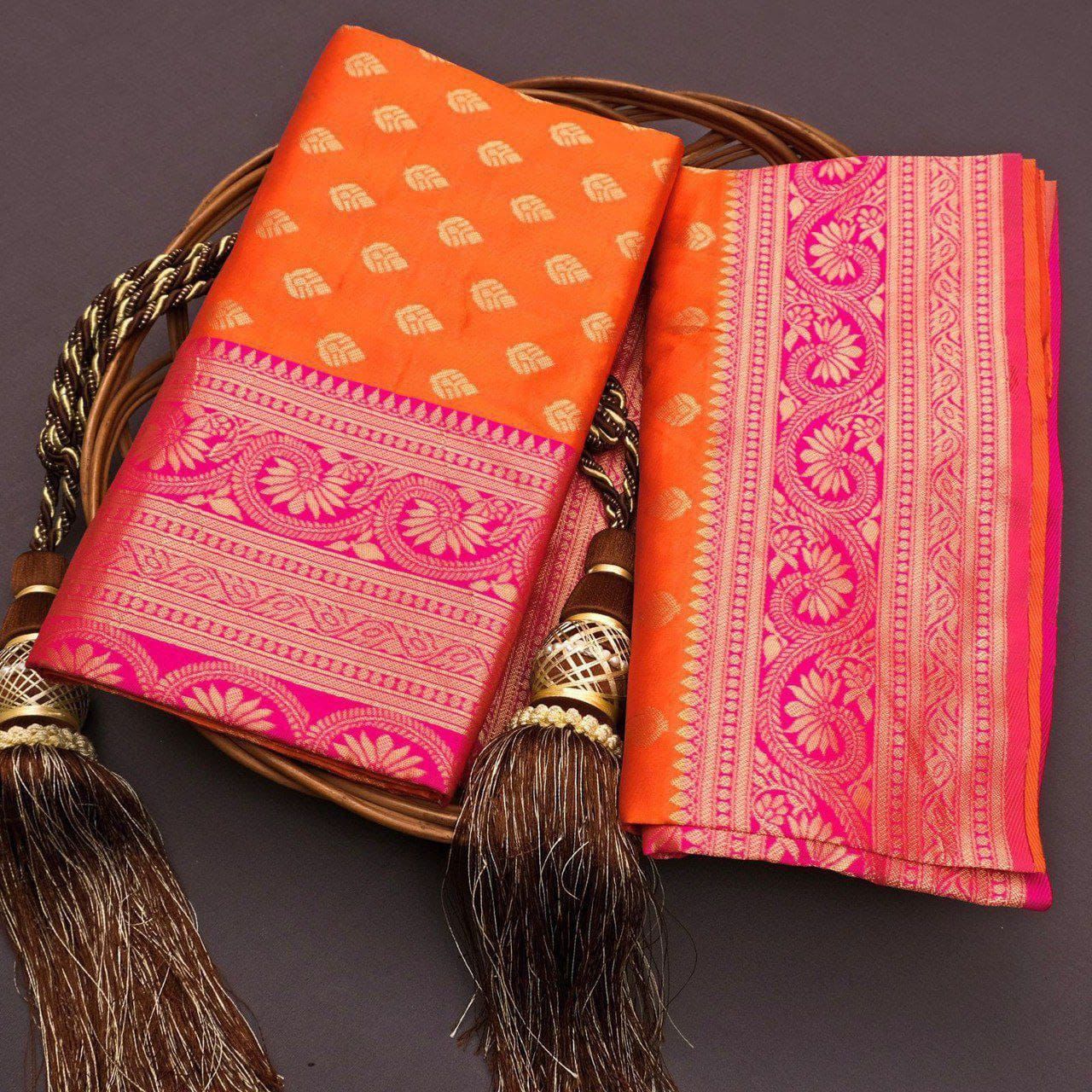 Designer Orange Banarasi Silk Saree With Blouse