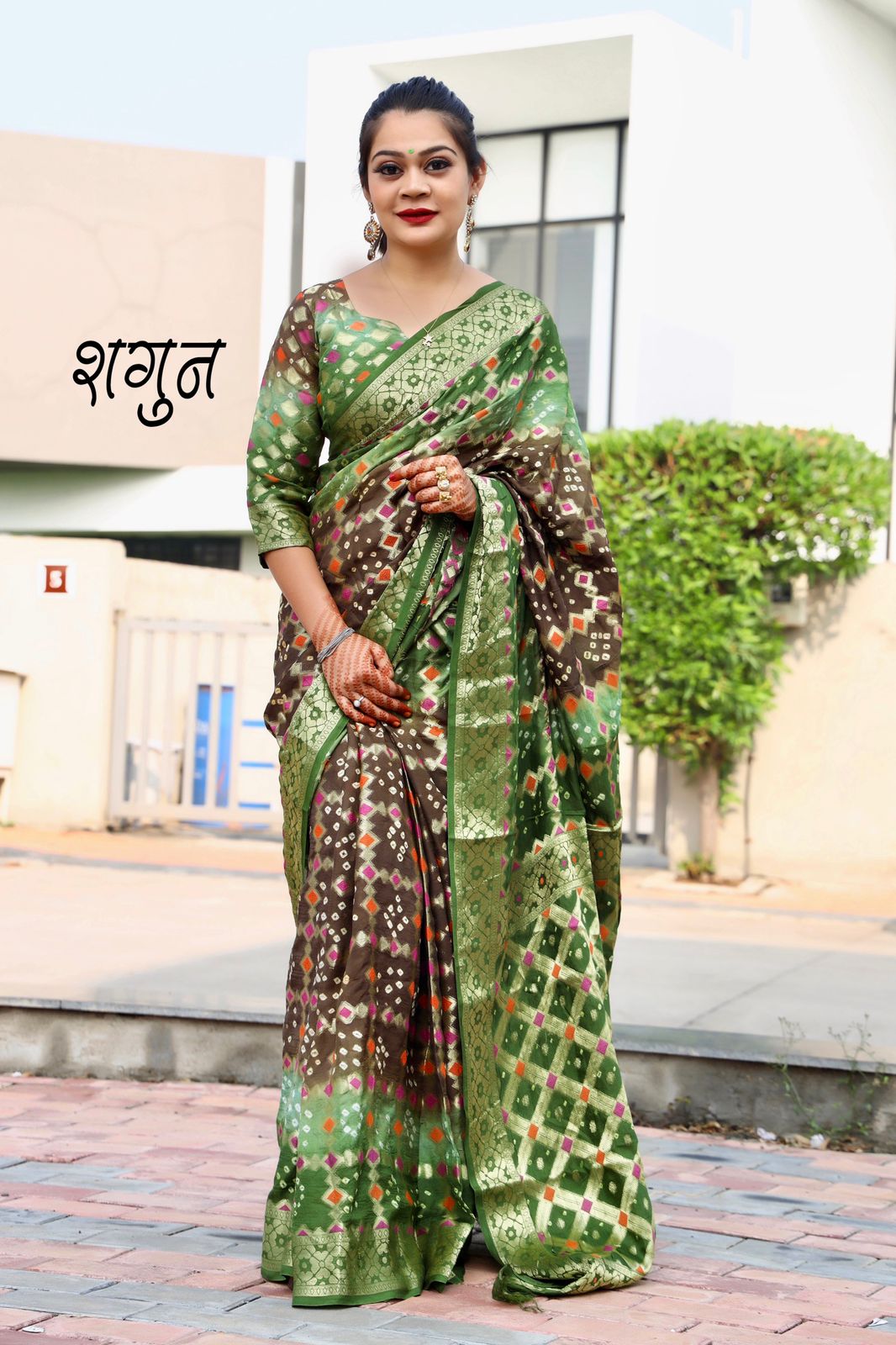 Dark Olive Green Bandhani Saree with Velvet Blouse | TST | The Silk Trend