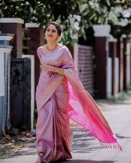 Pink  Zari Woven Banarasi Silk Saree With Blouse