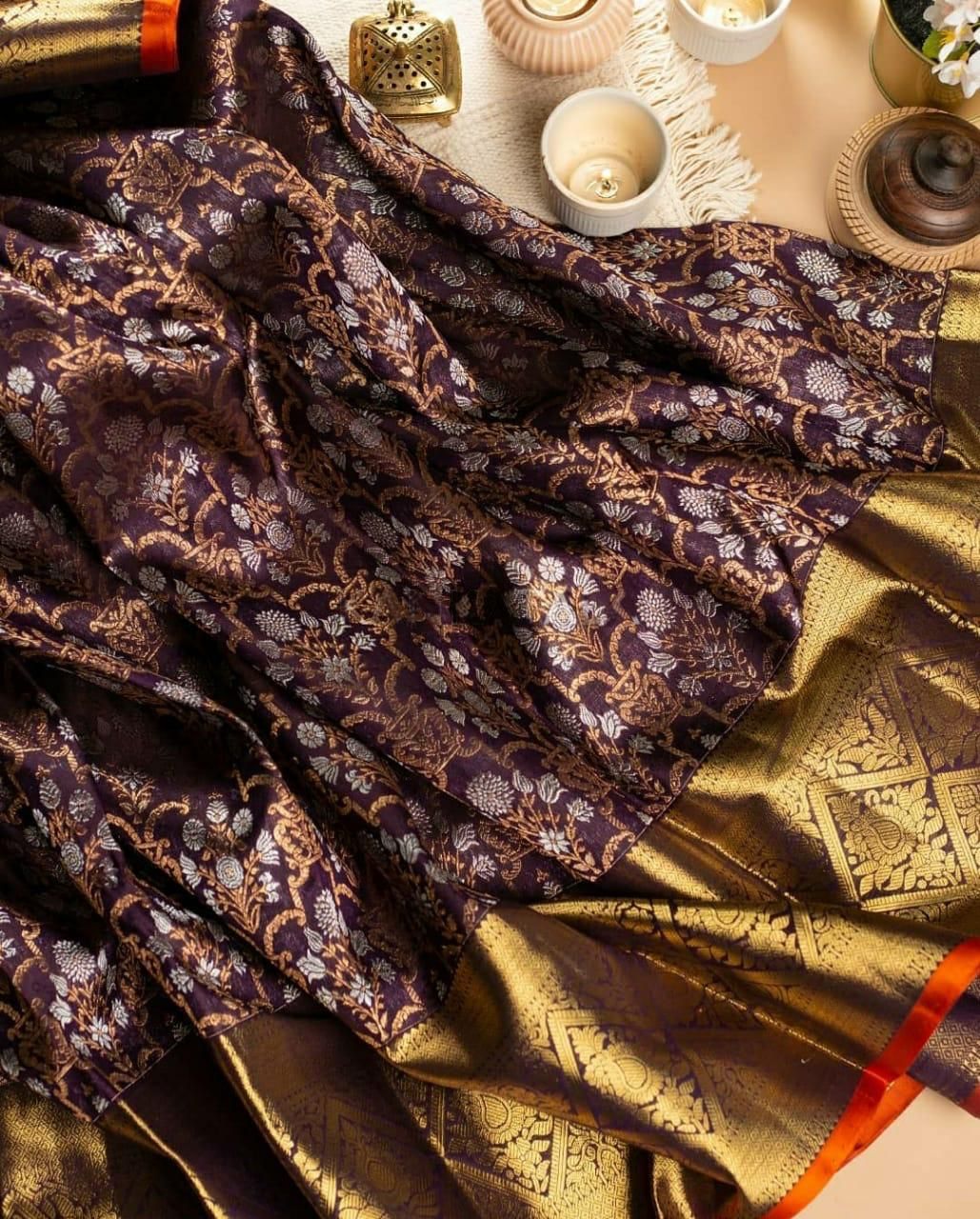 Fancy Attractive Wine Woven Banarasi Silk Saree With Blouse