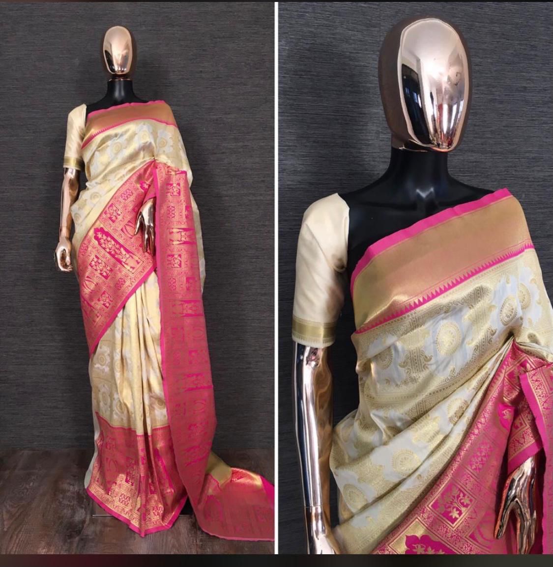 Jasmin White and Pink Zari Woven Silk Saree With Pink Blouse