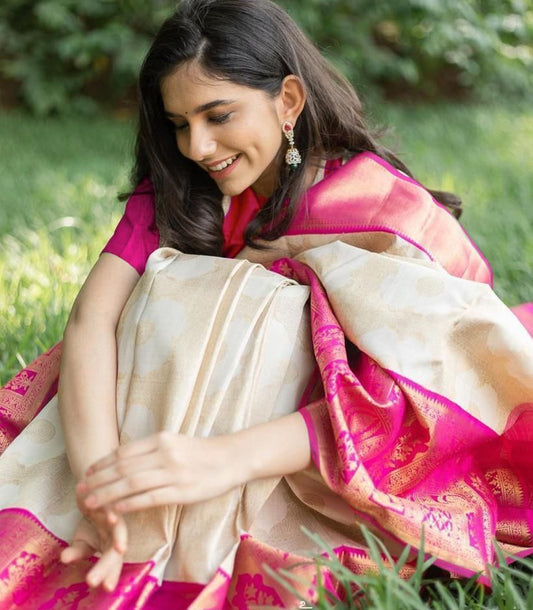 Jasmin White and Pink Zari Woven Silk Saree With Pink Blouse