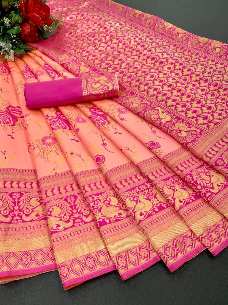 Jasmin Pitch  Zari Woven Silk Saree With Pink Blouse