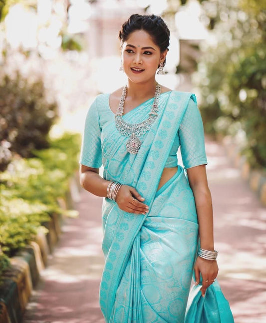 Sky-Blue Bridal Woven Banarasi Silk Saree With Blouse